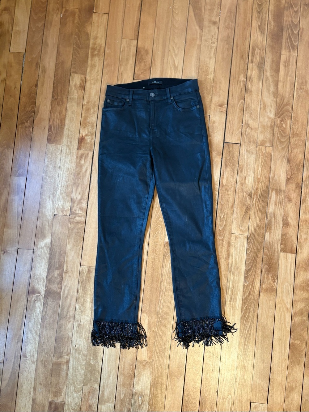 7 for All Mankind Beaded Faux Leather Fringe-Hem Jeans